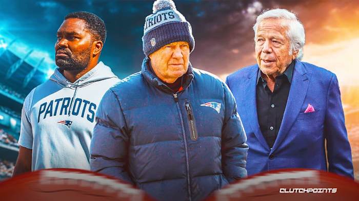 New England Patriots coach Jerod Mayo (left), Bill Belichick (middle), and team owner Robert Kraft (right).